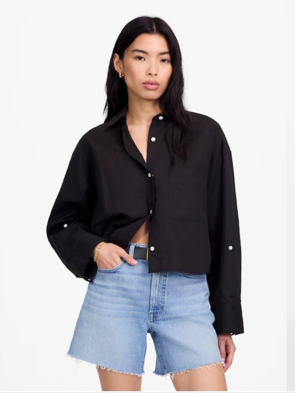 Madewell Women's Straight-Hem Shirt in Linen-Cotton Blend Sz XL $98 Black
